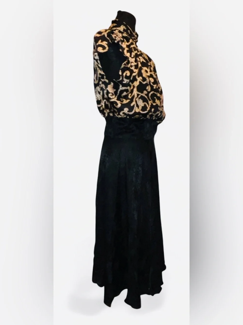 Vintage Maggy London Silk Maxi Dress with Gold Scroll Print Bodice